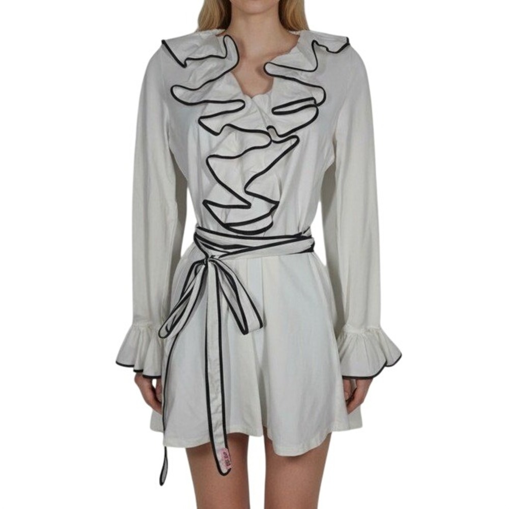 Anne Fontaine White Ruffle Wrap Tunic Blouse Dress Womens S/40 Coquette Piping